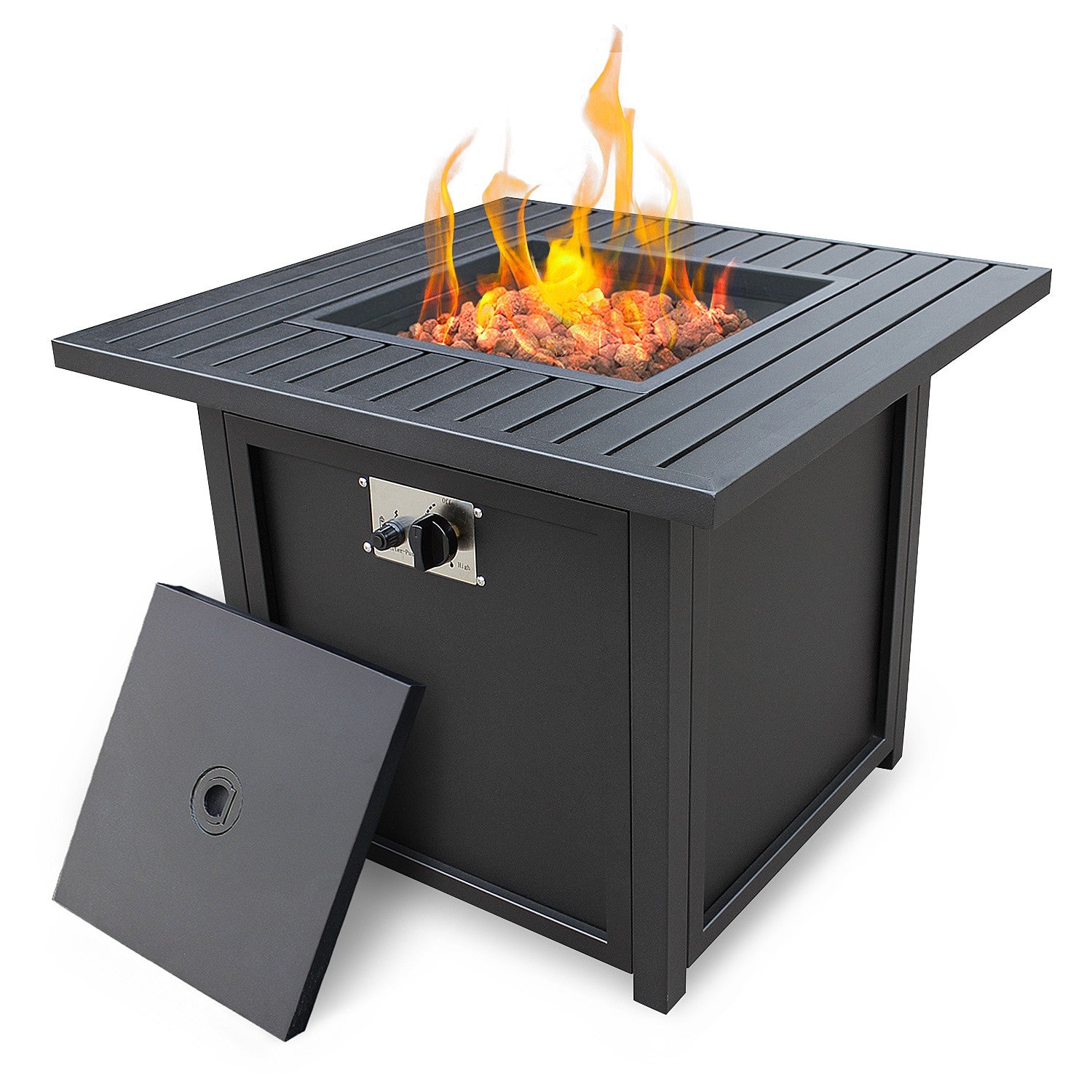 28" Black Square Propane Fire Pit with Lava Rocks and Cover By Homeroots | FIRE PITS | Modishstore