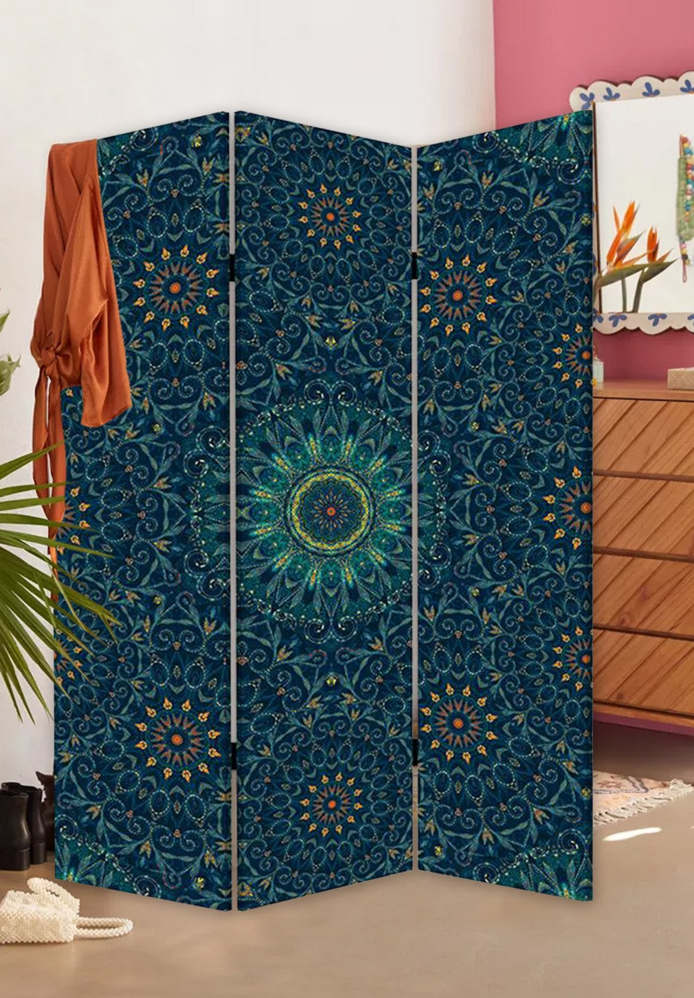 Blue Boho Mandala Three Panel Room Divider Screen By Homeroots | Room Dividers | Modishstore - 5