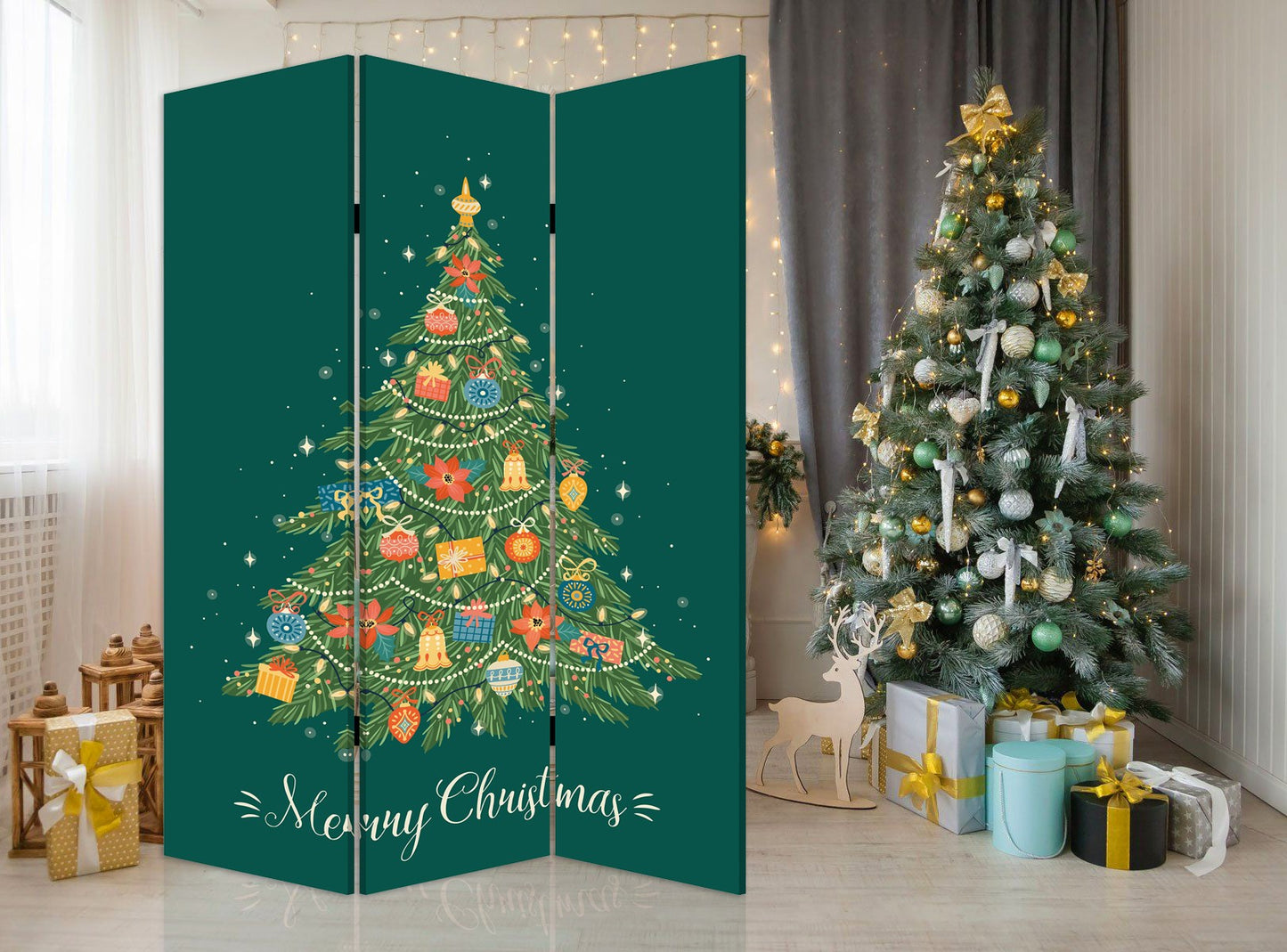 Festive Merry Christmas Three Panel Room Divider Screen By Homeroots | Room Dividers | Modishstore - 4
