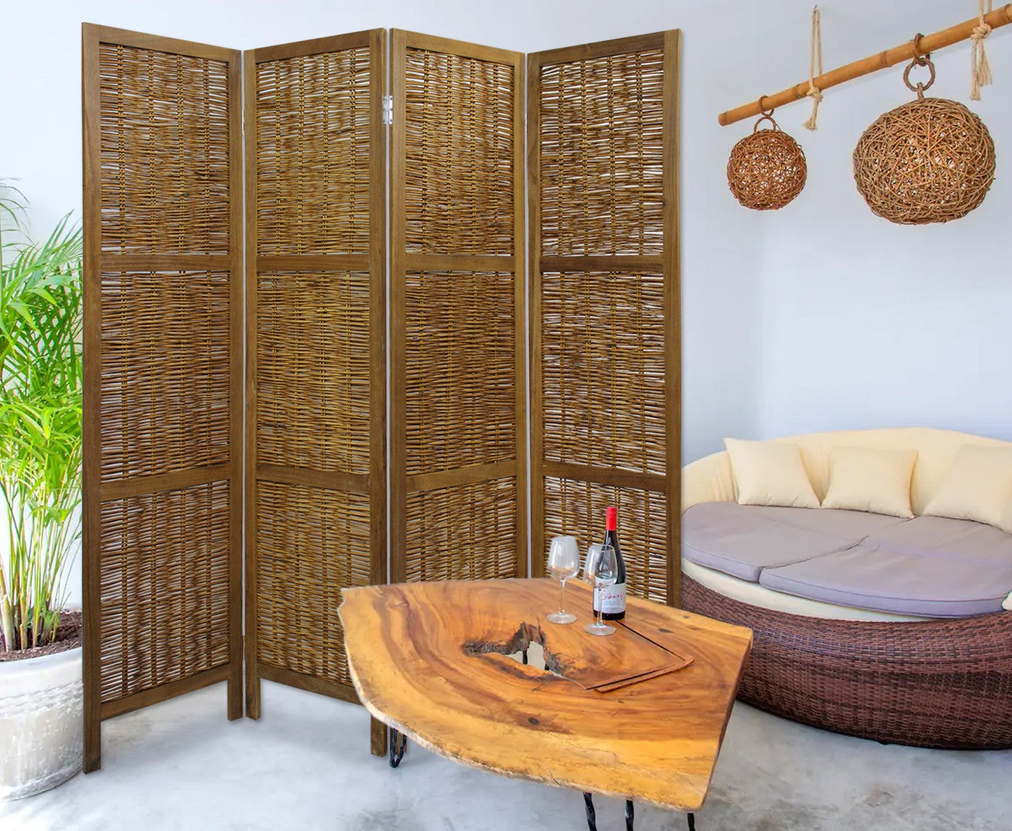 Brown Willow Four Panel Room Divider Screen By Homeroots | Room Dividers | Modishstore - 3