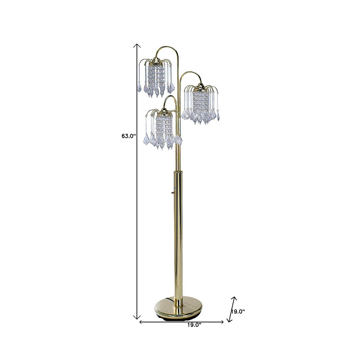 63" Gold Three Lights Candelabra Floor Lamp With Clear Faux Crystal Shades By Homeroots | Floor Lamps | Modishstore - 6