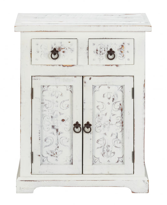 Distressed White Wooden Carved 2 Door And 2 Drawer Cabinet By Homeroots | Drawers | Modishstore