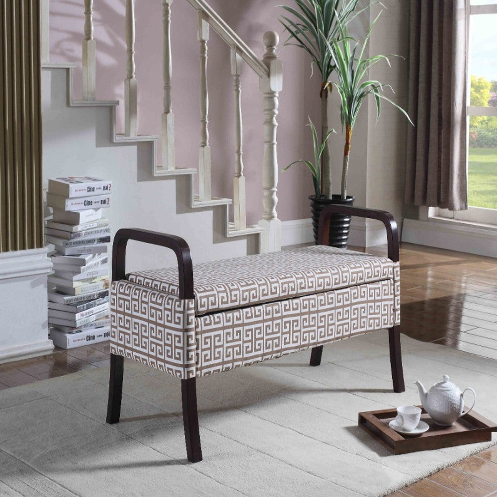 Brown and White Greek Key Wooden Storage Bench with Handles By Homeroots | Benches | Modishstore - 6