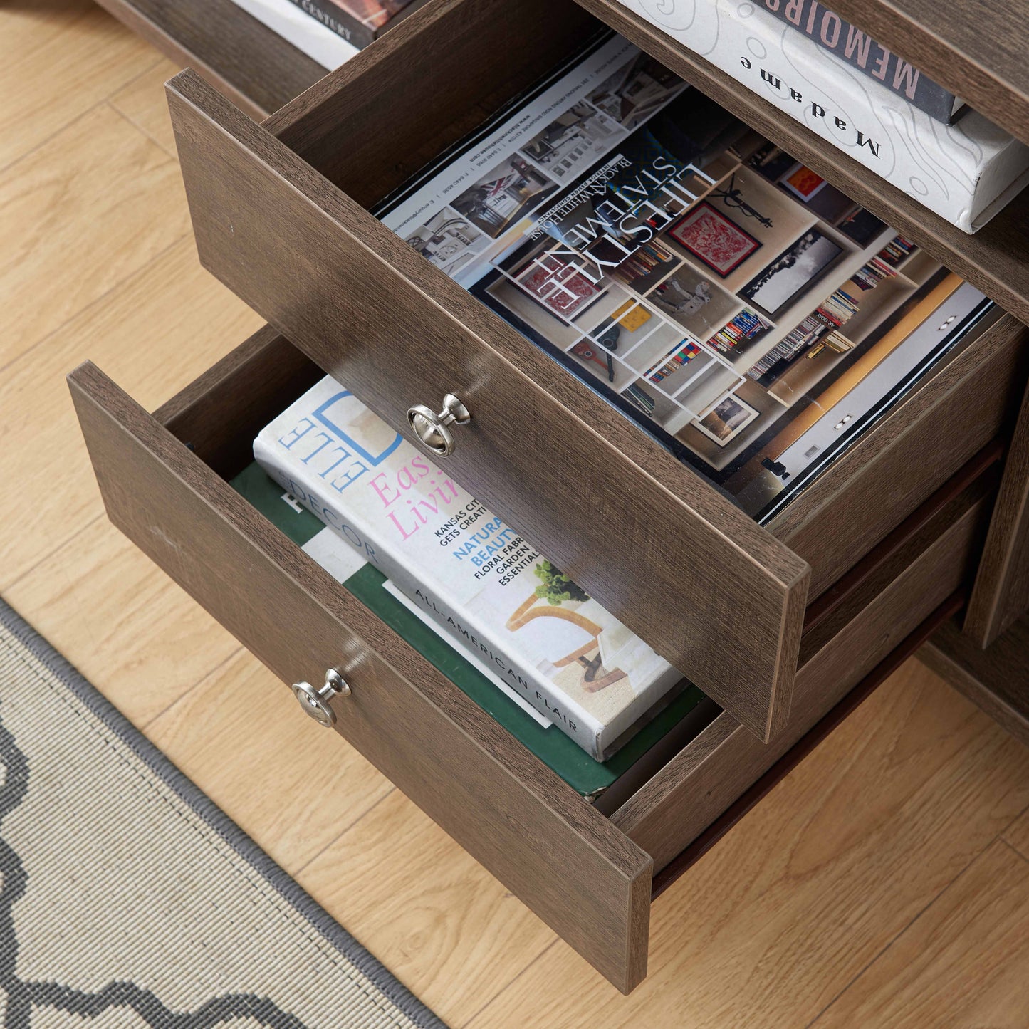 Walnut Oak Rustic Geo TV Stand with Two Center Drawer By Homeroots | TV Stands | Modishstore - 2