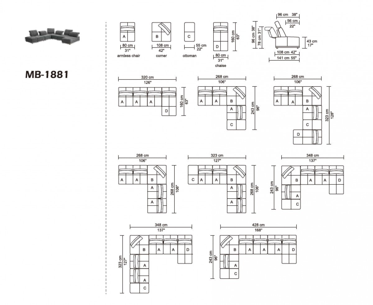 Mod Seven Piece Gray Fabric Moveable Back and Adjustable Sectional Sofa By Homeroots | Sectional | Modishstore - 4