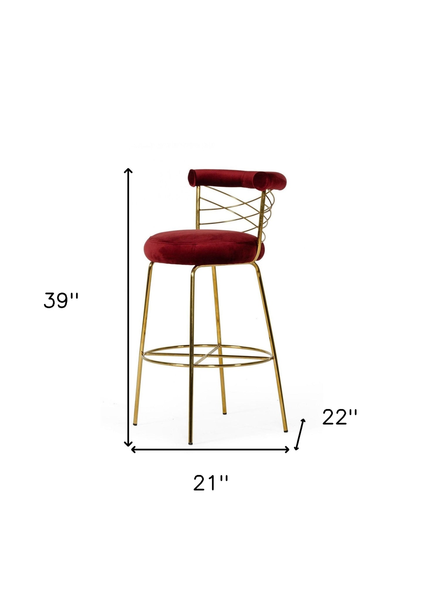 39" Red And Gold Velvet Low Back Bar Height Chair With Footrest By Homeroots | Bar Stools | Modishstore - 8
