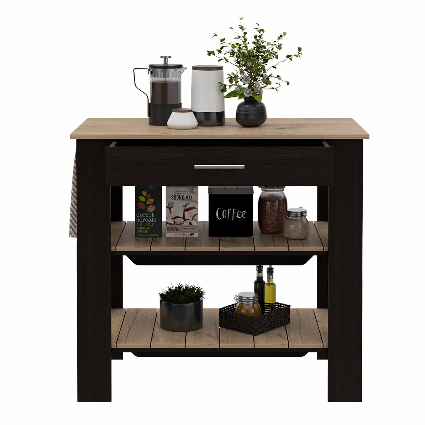 Light Oak and Black Kitchen Island with Drawer and Two Open Shelves By Homeroots | Kitchen Carts | Modishstore - 6