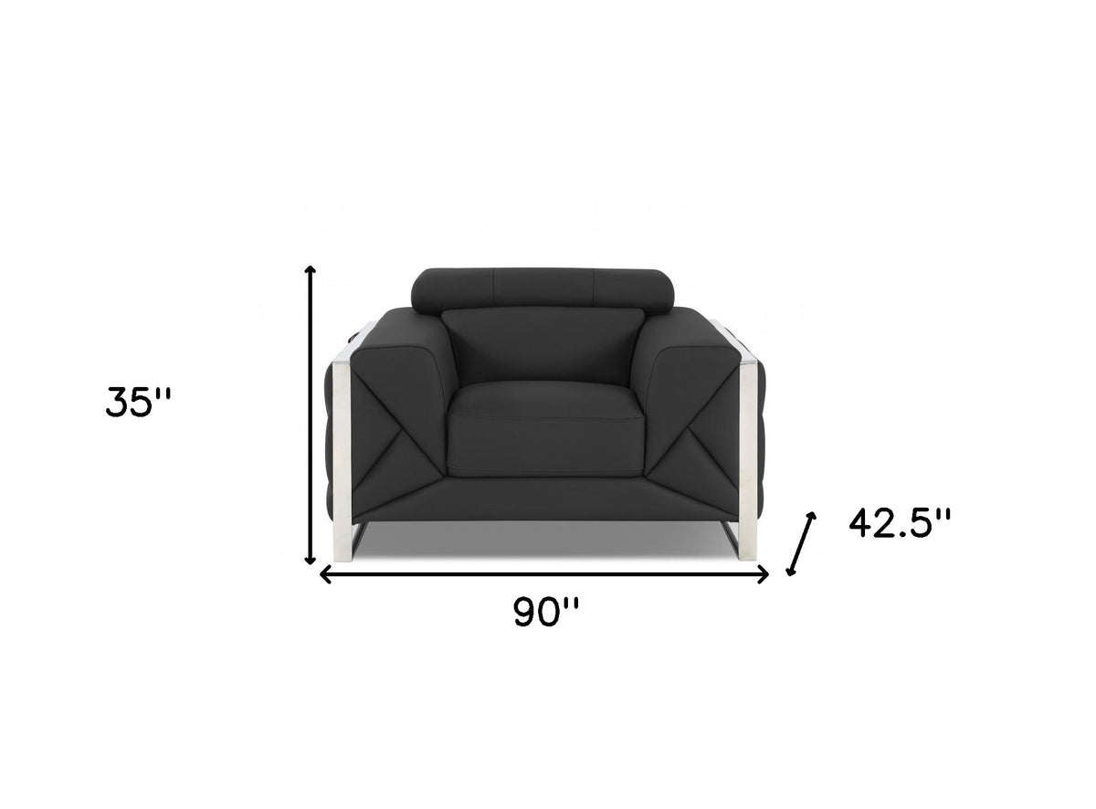 Three Piece Dark Gray Italian Leather Six Person Seating Set By Homeroots | Sofa Set | Modishstore - 7