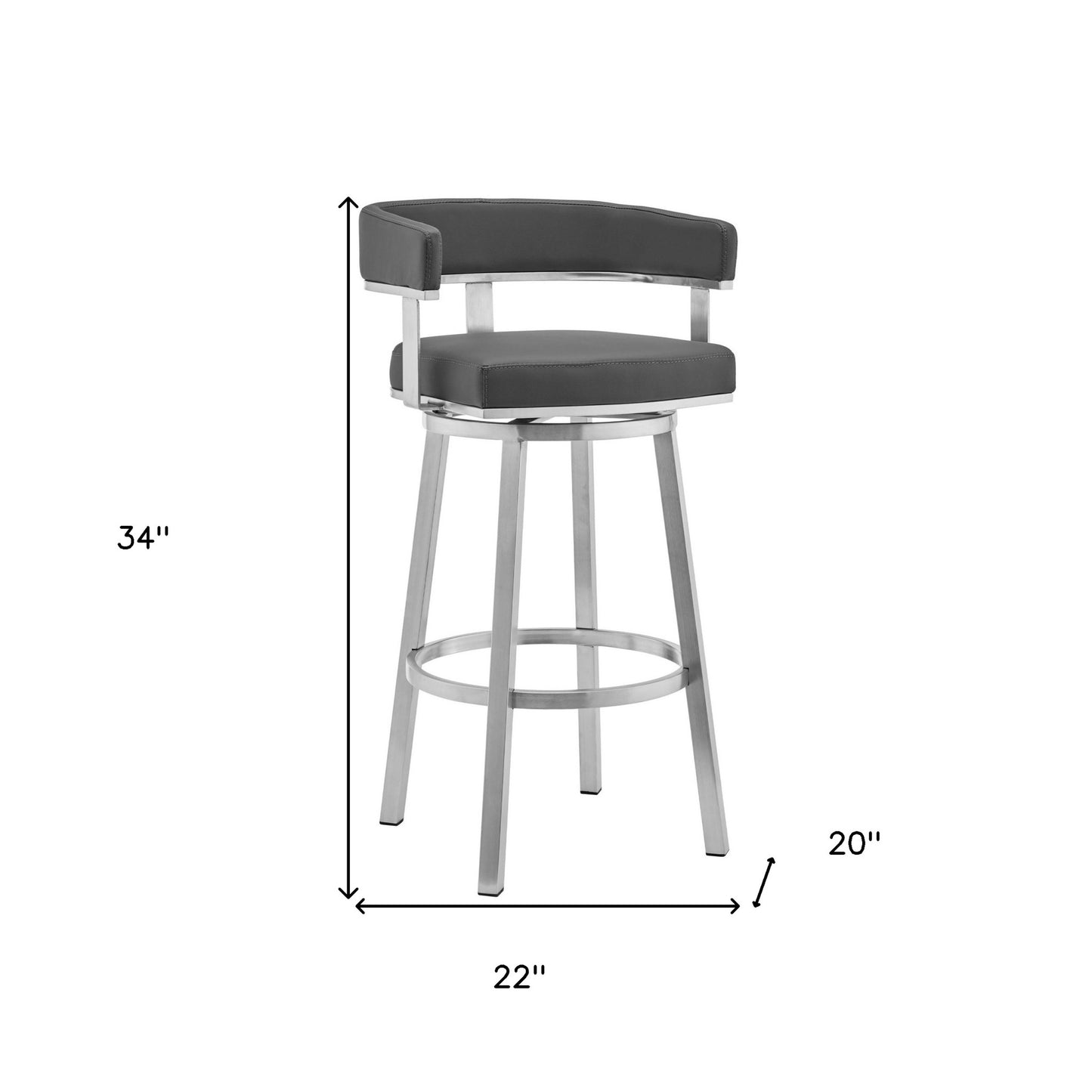 34" Gray And Silver Faux Leather And Iron Swivel Low Back Counter Height Bar Chair With Footrest By Homeroots | Bar Stools | Modishstore - 9