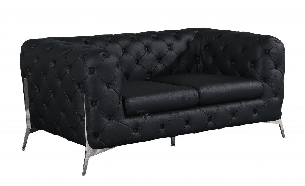 69" Black Tufted Italian Leather and Chrome Love Seat By Homeroots | Loveseats | Modishstore - 2