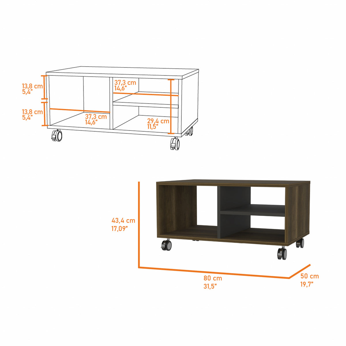32" Walnut and Black Open Rectangular Coffee Table With Three Shelves By Homeroots | Coffee Tables | Modishstore - 4