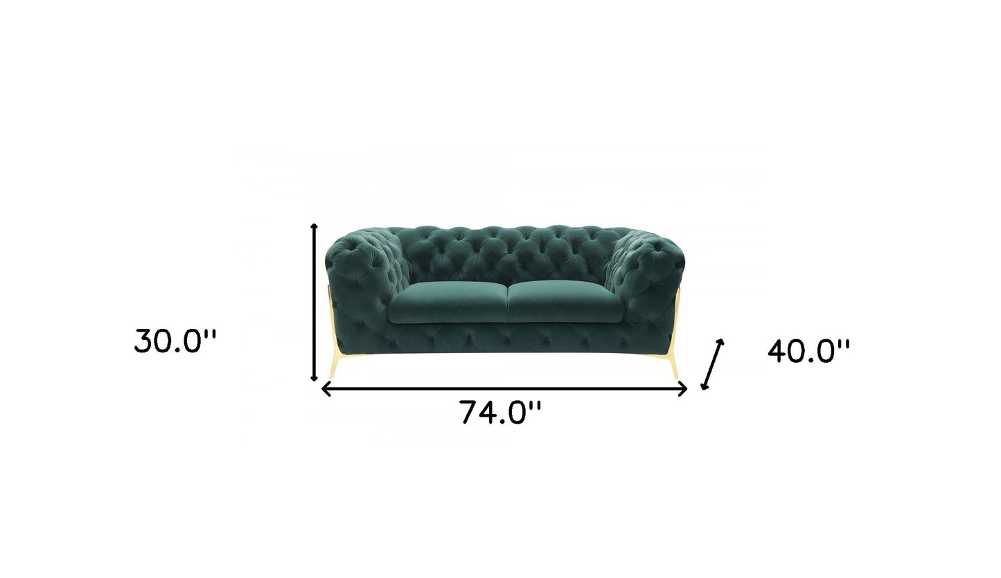 Glam 74" Green Velvet And Gold Loveseat By Homeroots | Loveseats | Modishstore - 7