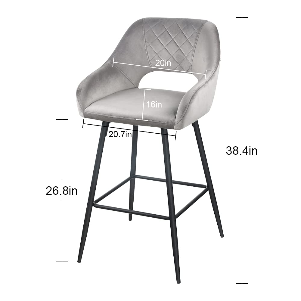 Set Of Two 38" Gray Velvet And Black Open Back Bar Height Chairs By Homeroots | Bar Stools | Modishstore - 6