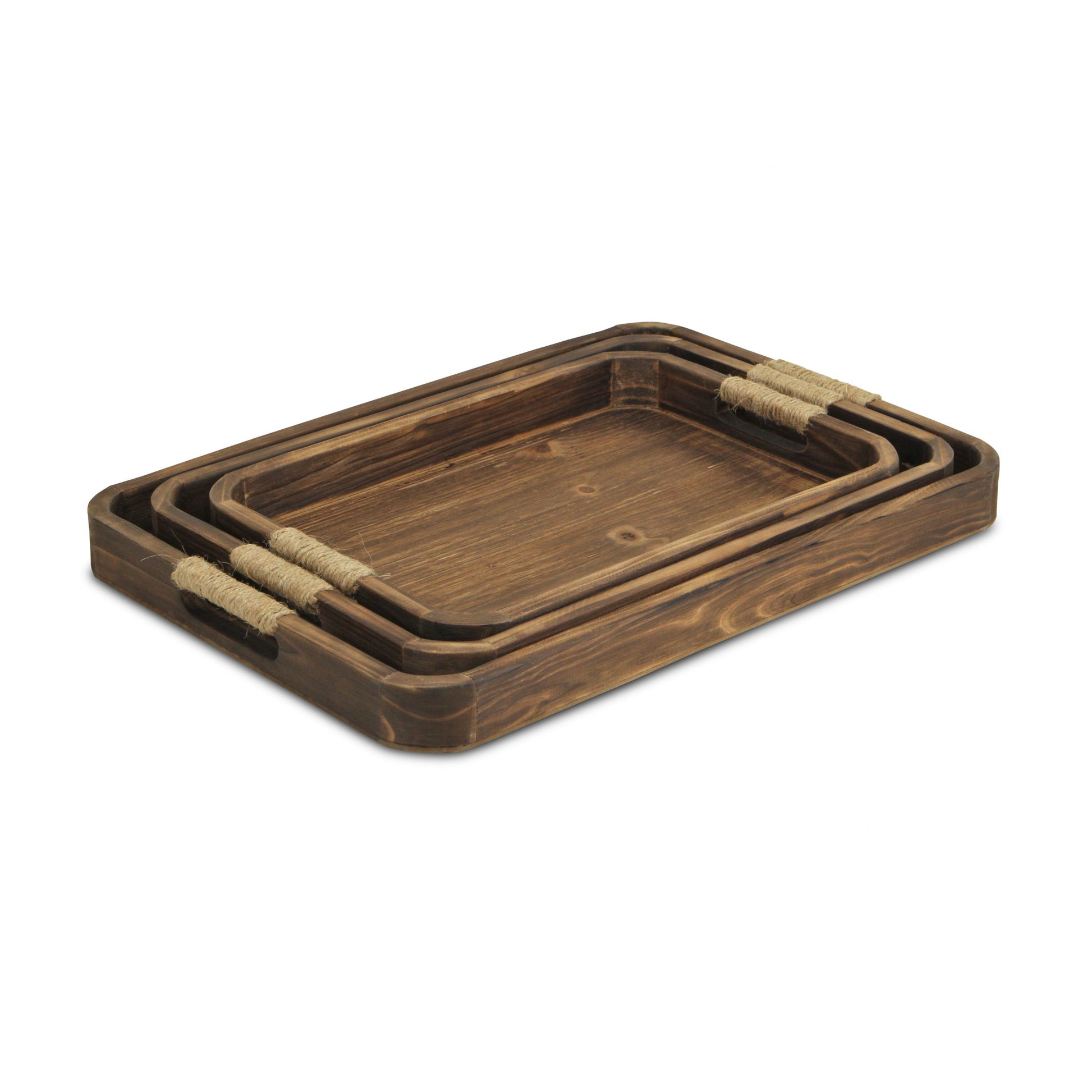 20" Brown Rectangular Wood Handmade Tray With Handles By Homeroots | Trays | Modishstore - 3