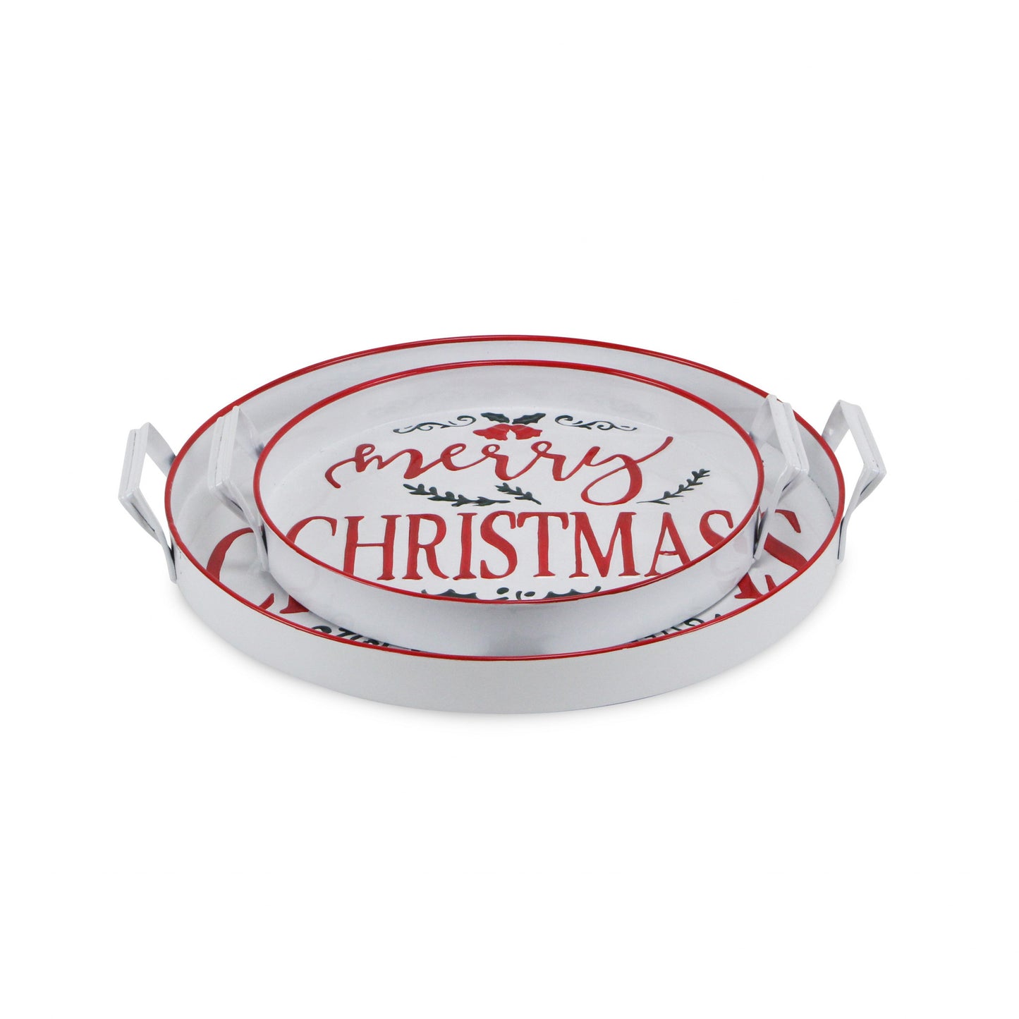 18" White Round Metal Christmas Handmade Tray With Handles By Homeroots | Trays | Modishstore - 3
