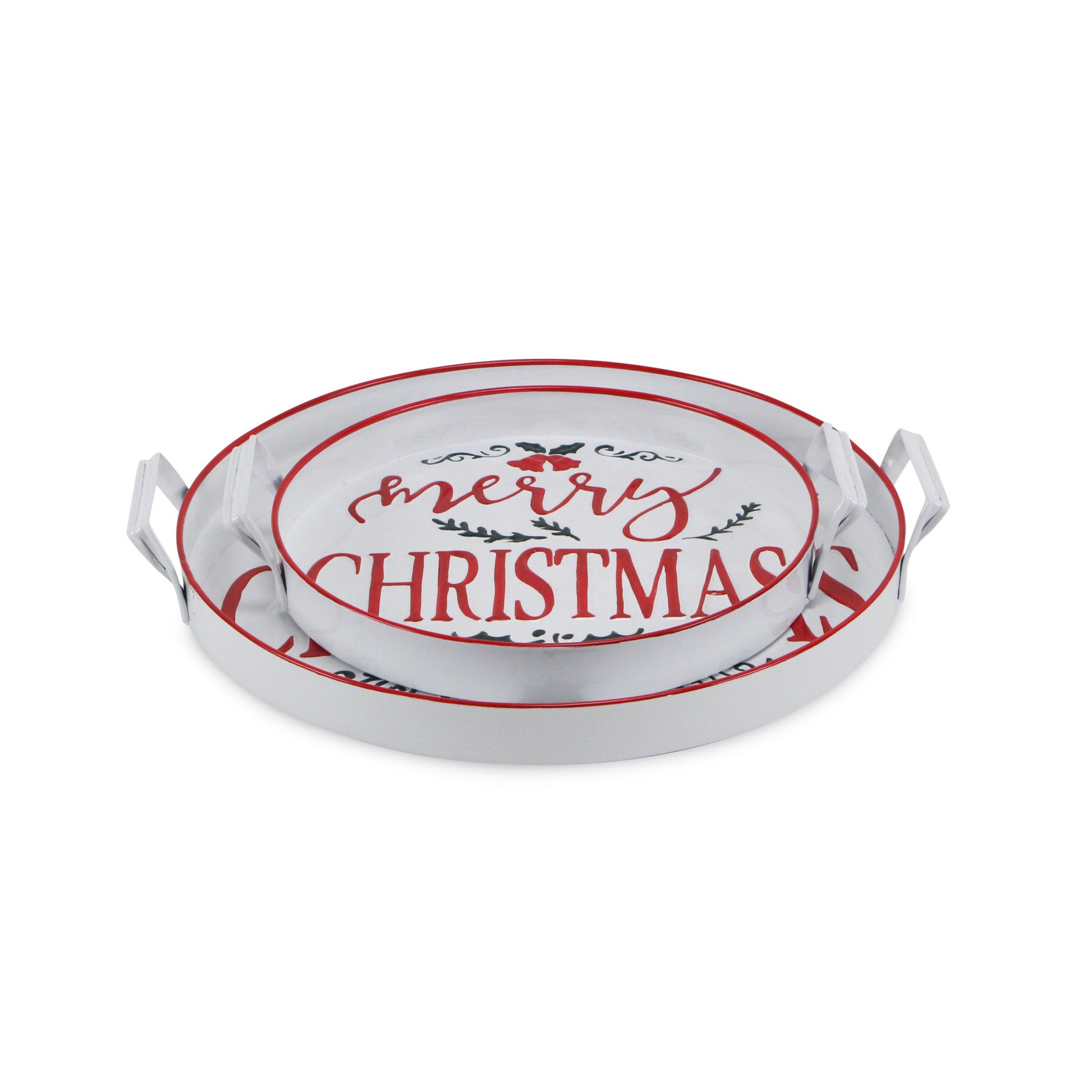 18" White Round Metal Christmas Handmade Tray With Handles By Homeroots | Trays | Modishstore - 3