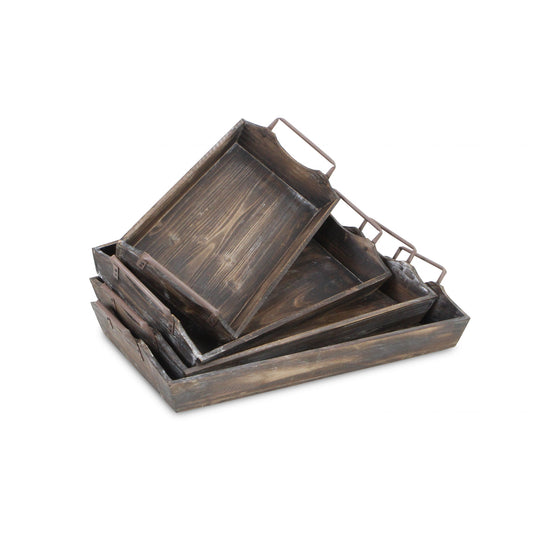 22" Brown Rectangular Wood Handmade Tray Handles By Homeroots | Trays | Modishstore