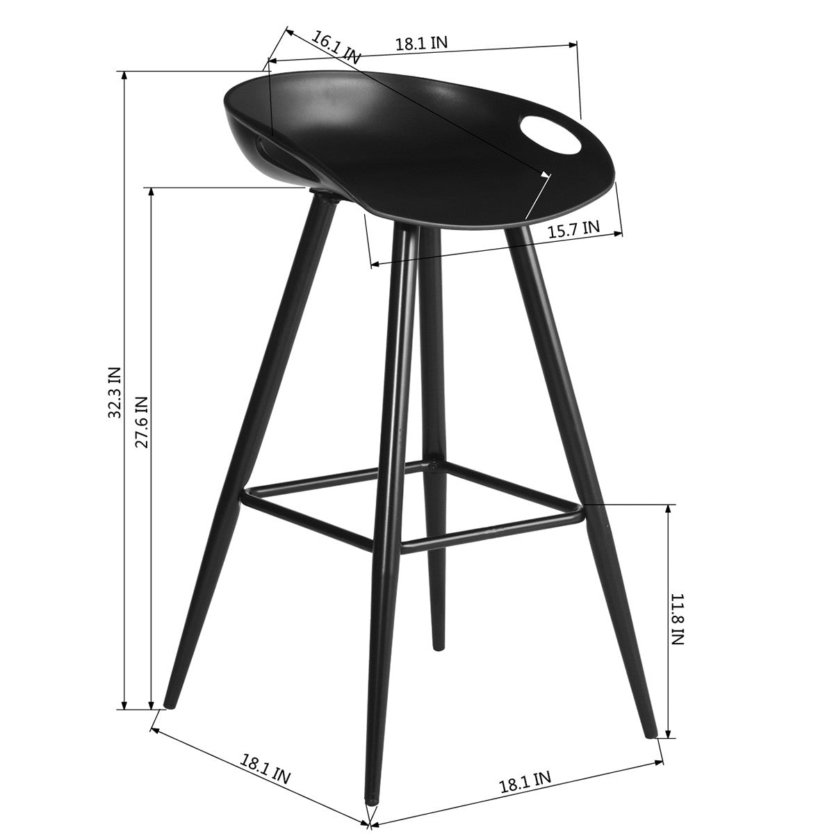 Set Of Two 32" Black Low Back Bar Height Bar Chairs With Footrest By Homeroots | Bar Stools | Modishstore - 8