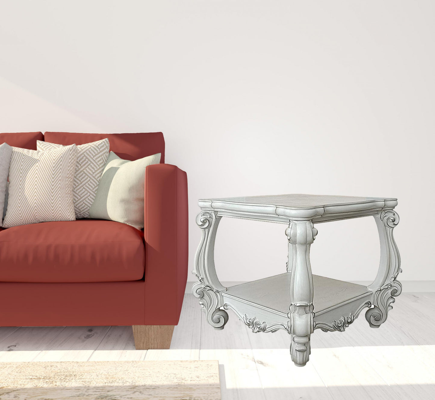 26" Antiqued White Manufactured Wood Square Scroll End Table With Shelf By Homeroots | End Tables | Modishstore - 6