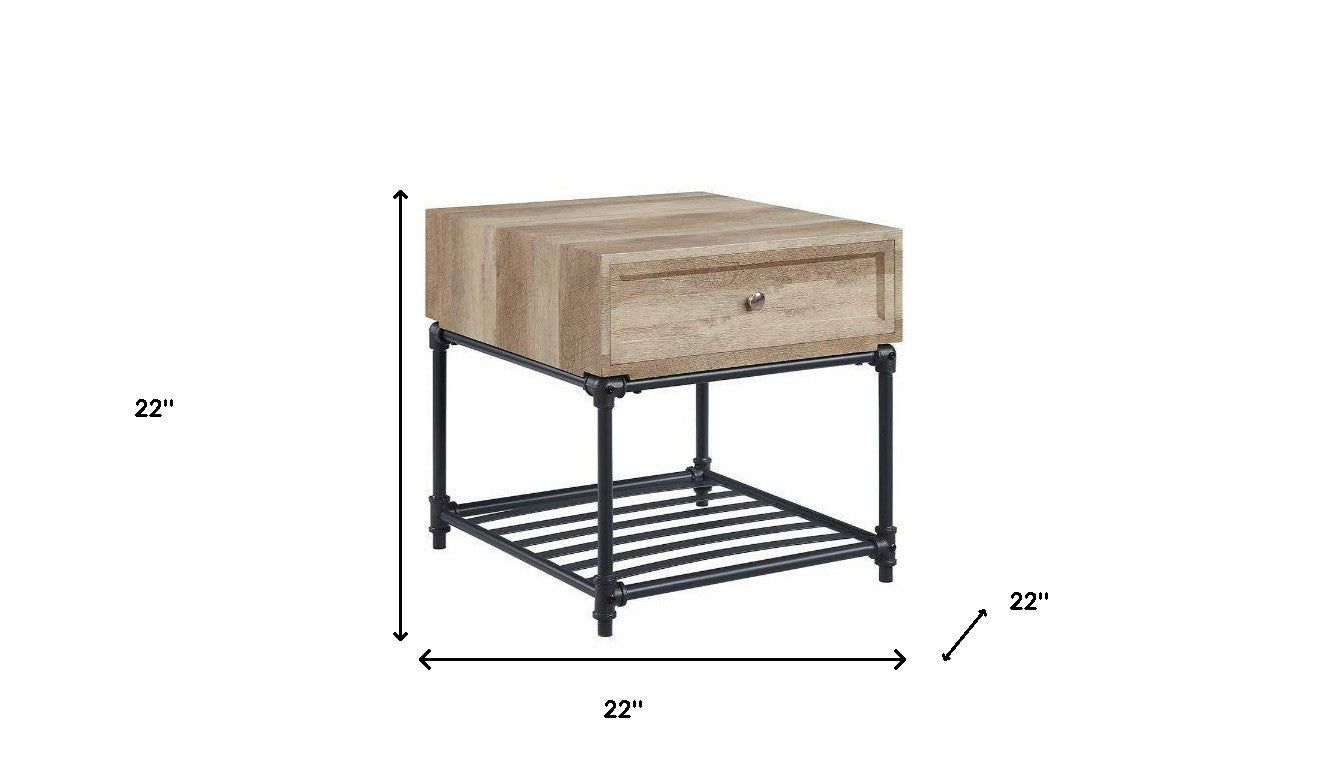 22" Sandy Black And Oak Manufactured Wood And Metal Square End Table With Drawer And Shelf By Homeroots | End Tables | Modishstore - 9