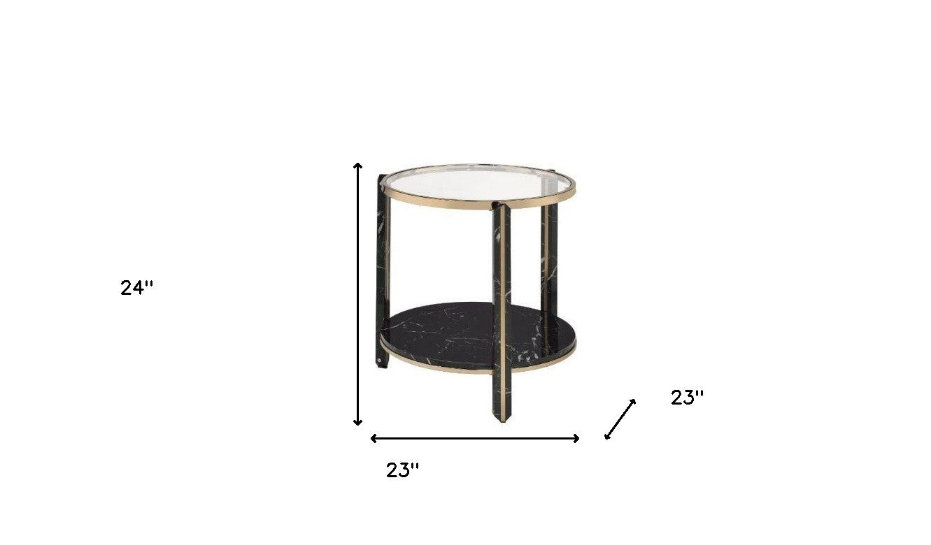 24" Champagne And Clear Glass And Metal Round End Table With Shelf By Homeroots | End Tables | Modishstore - 5