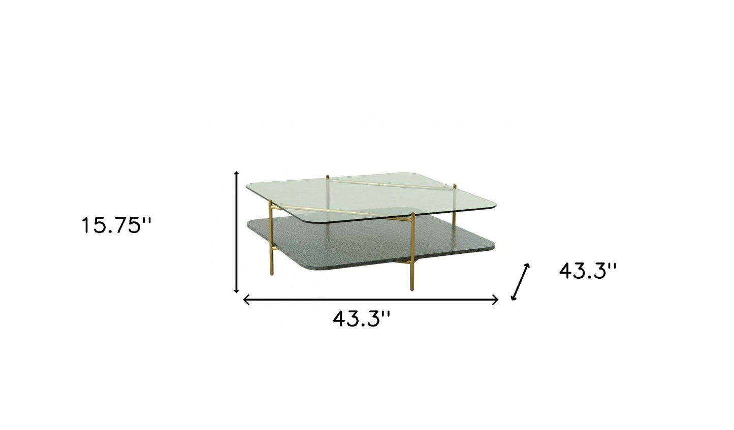 43" Gold And Clear Glass Square Coffee Table With Shelf By Homeroots | Coffee Tables | Modishstore - 5