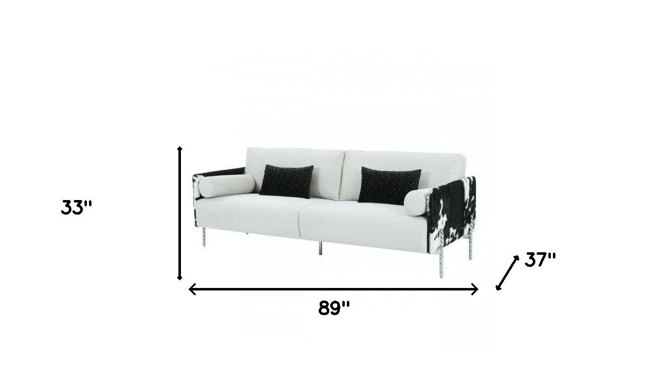 89" White Faux Cowhide and Silver Sofa By Homeroots | Sofas | Modishstore - 5