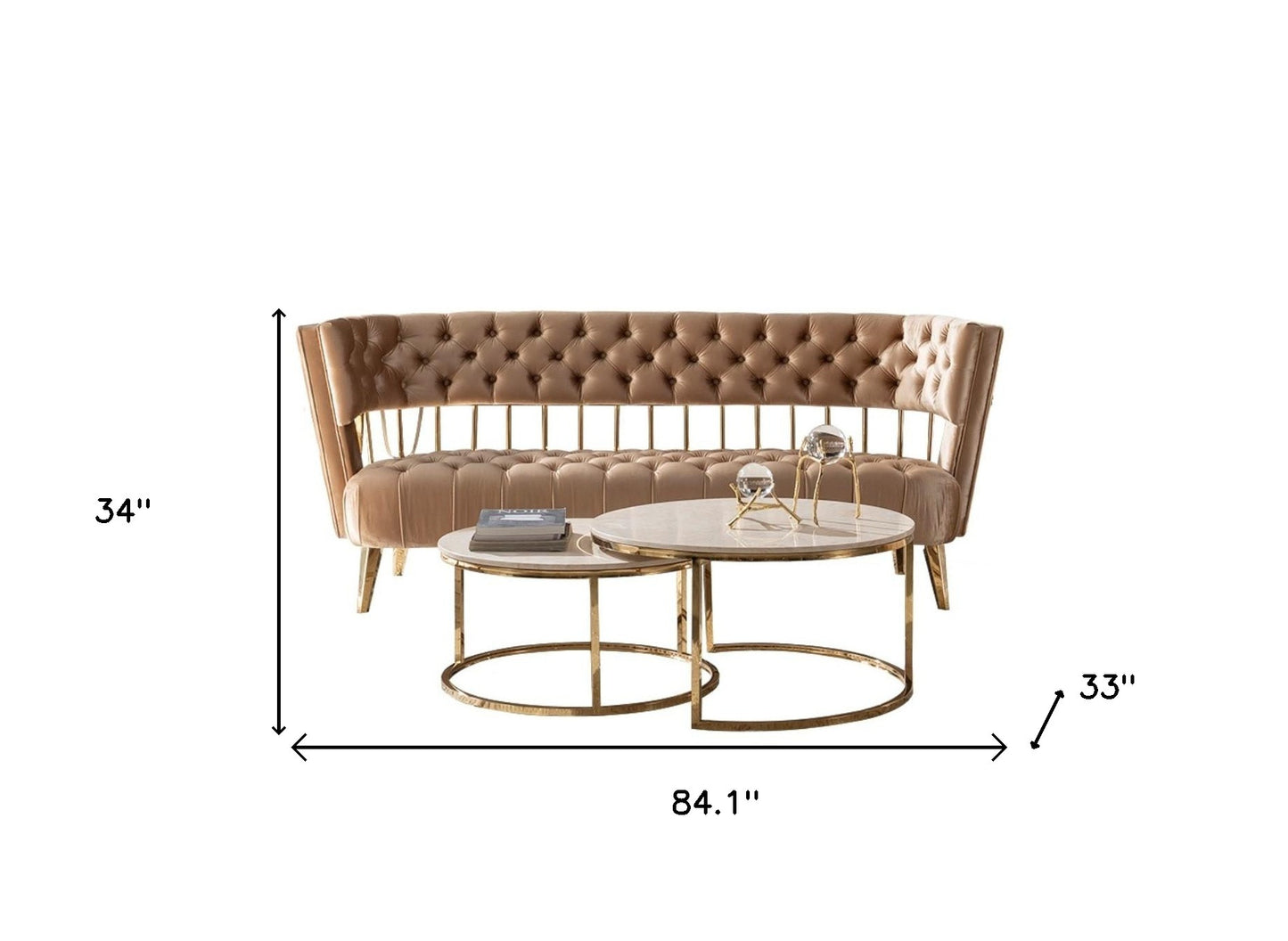 84" Beige Tufted Velvet and Gold Open Back Sofa By Homeroots | Sofas | Modishstore - 4