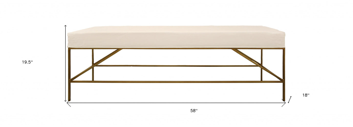 58" Ivory And Gold 100% Linen Upholstered Entryway Bench By Homeroots | Benches | Modishstore - 6