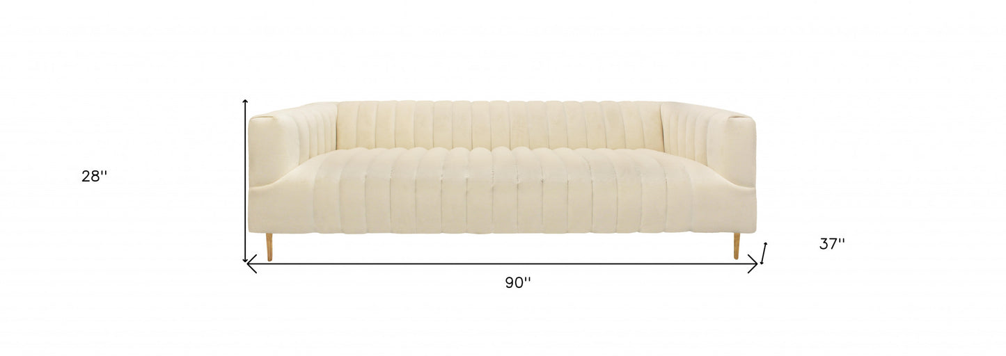 90" Ivory Channeled Velvet and Gold Sofa By Homeroots | Sofas | Modishstore - 9