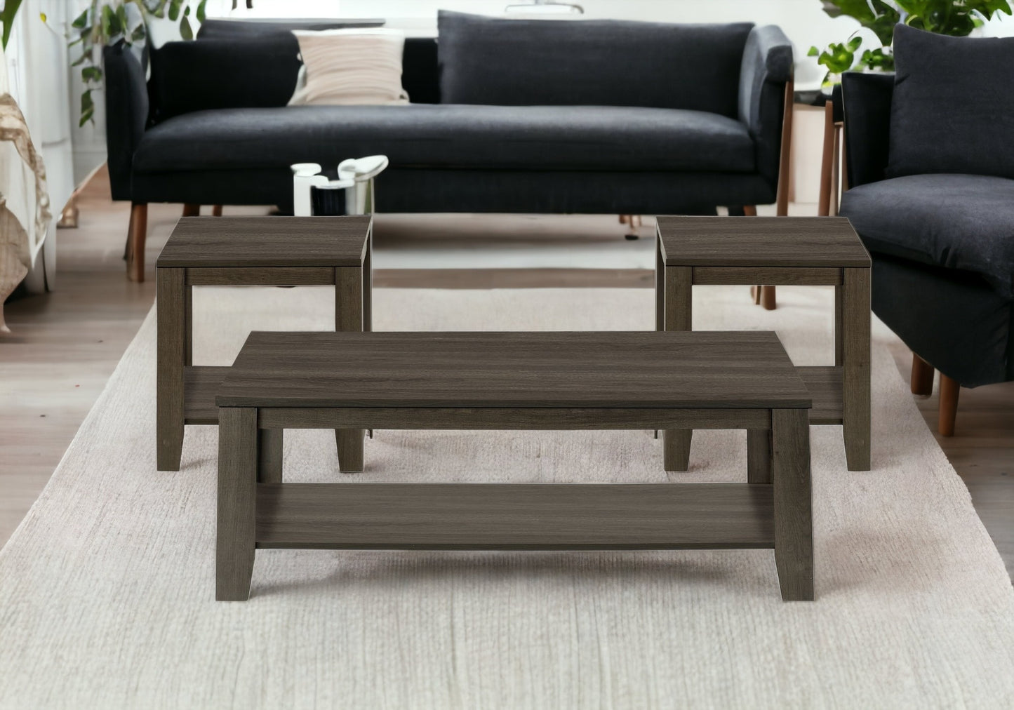 Set Of Three 42" Oak Rectangular Coffee Table With Three Shelves By Homeroots | Coffee Tables | Modishstore - 9