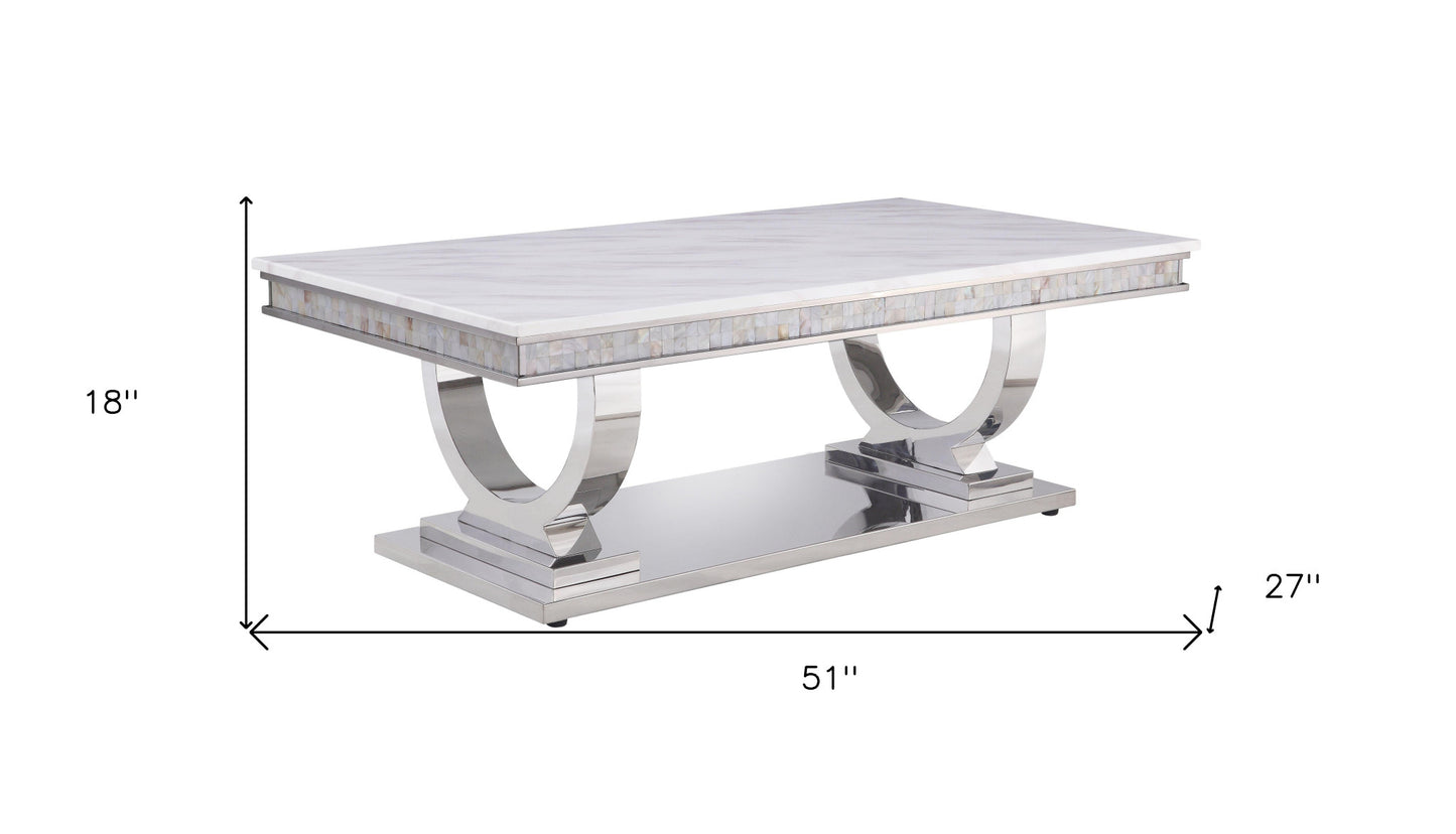 51" Silver And White Artificial Marble Rectangular Mirrored Coffee Table By Homeroots | Coffee Tables | Modishstore - 5