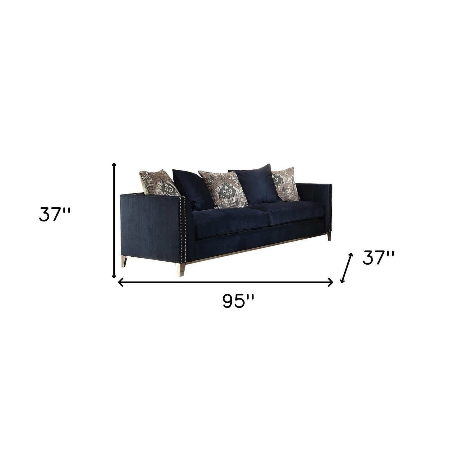 95" Blue Velvet And Black Sofa With Five Toss Pillows By Homeroots | Sofas | Modishstore - 6