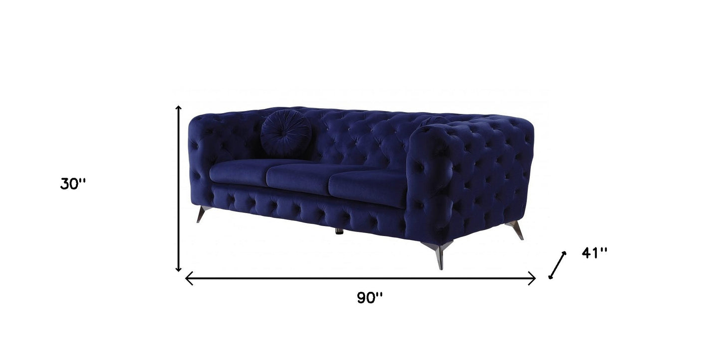 90" Blue Velvet And Black Sofa By Homeroots | Sofas | Modishstore - 5