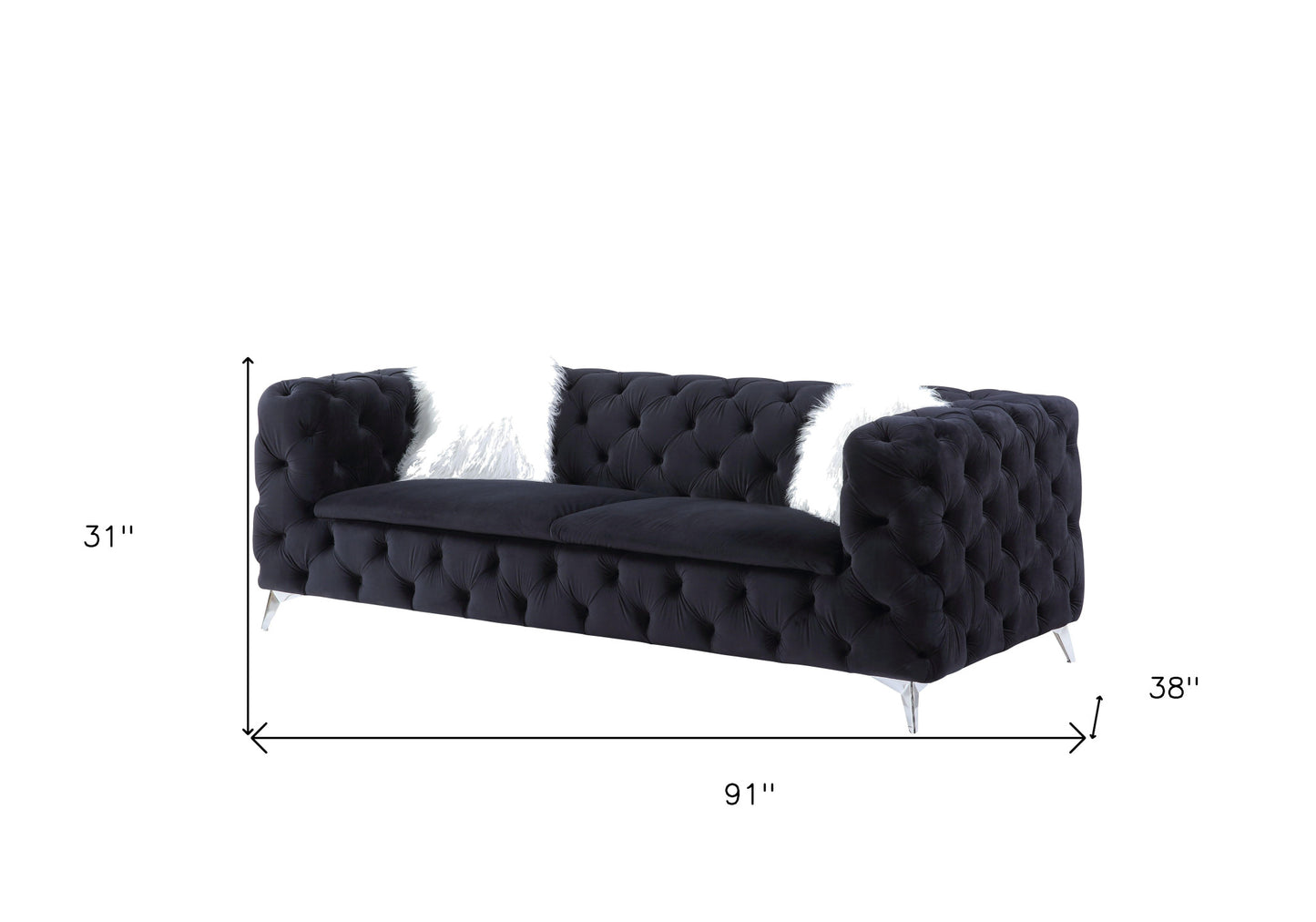 91" Black Velvet And Silver Sofa With Two Toss Pillows By Homeroots | Sofas | Modishstore - 6