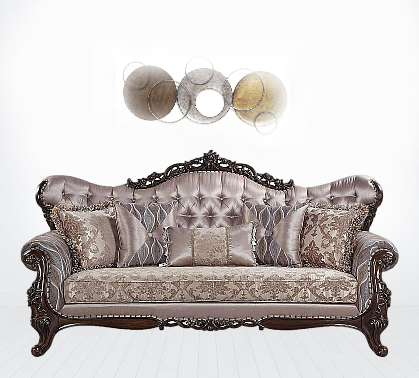 92" Champagne Imitation silk Sofa With Five Toss Pillows By Homeroots