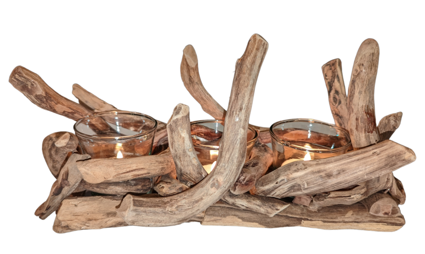 Driftwood Tealight 3 Candle Tray Centerpiece with 3 Glass Containers by Artisan Living | Candle Holders | Modishstore-3