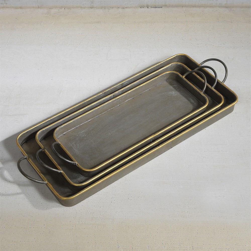 HomArt Archer Galvanized Trays - Set of 3 - Galvanized with Gold Rim-7