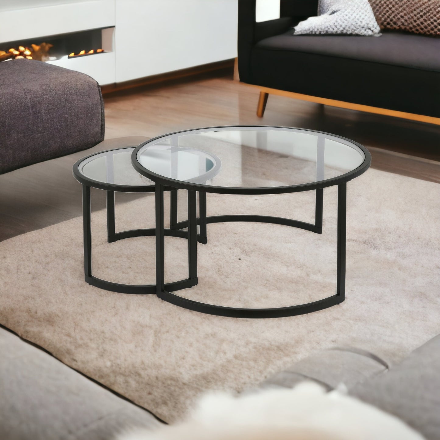 Set Of Two 36" Black Glass Round Nested Coffee Tables By Homeroots