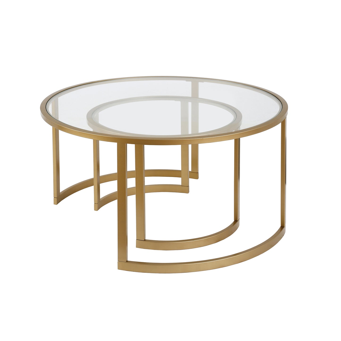 Set Of Two 36" Gold and Glass Round Nested Coffee Tables By Homeroots