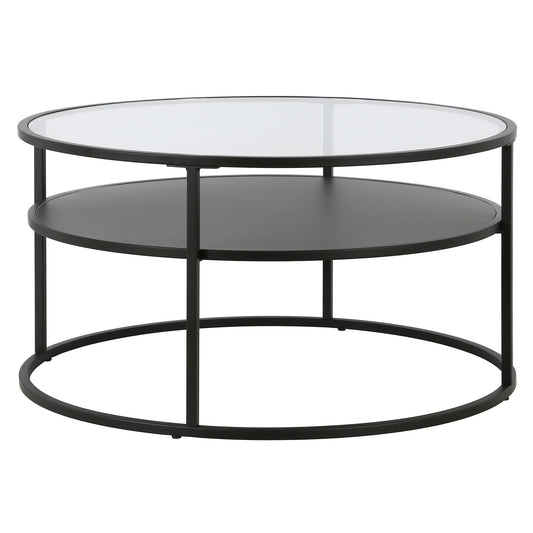 32" Black and Glass Round Two Layer Coffee Table With Shelf By Homeroots