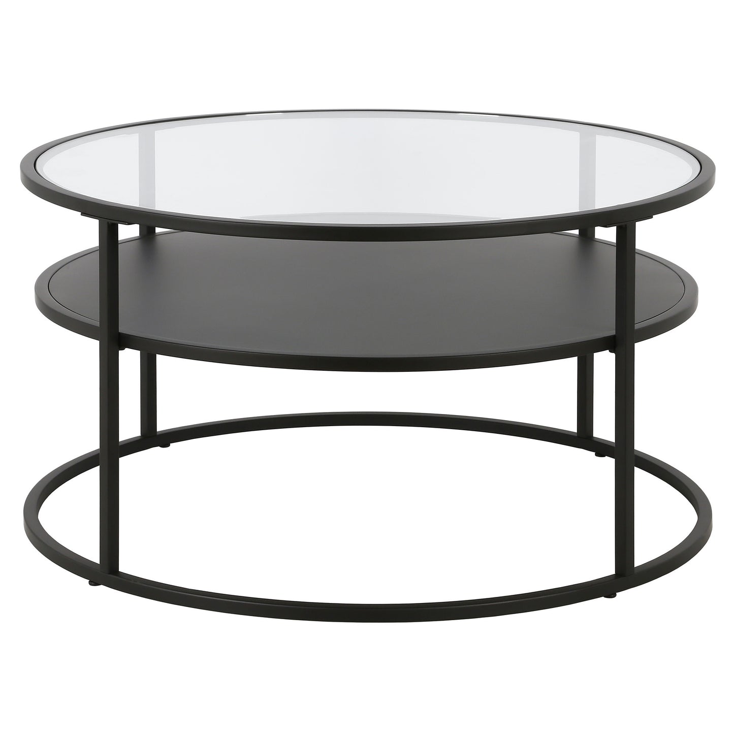 32" Black and Glass Round Two Layer Coffee Table With Shelf By Homeroots