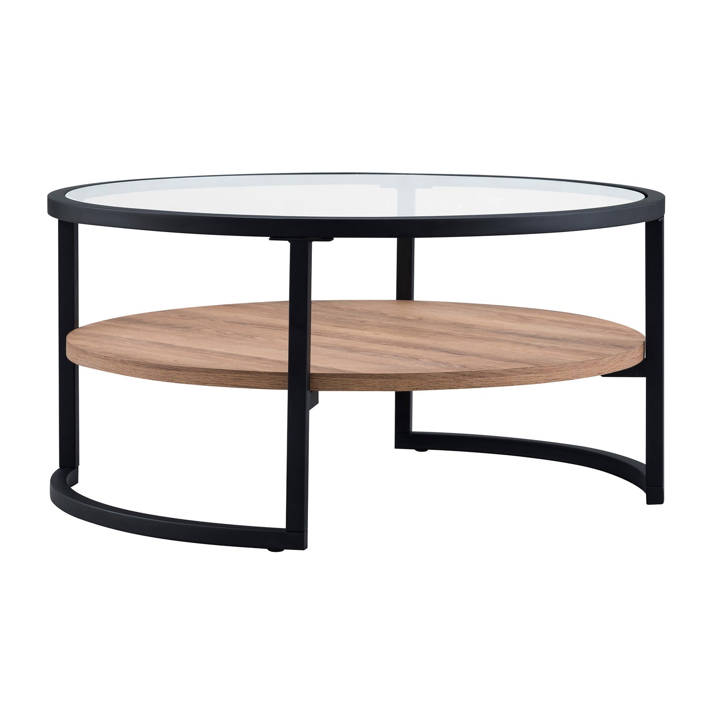 34" Black Brown and Glass Round Coffee Table With Shelf By Homeroots