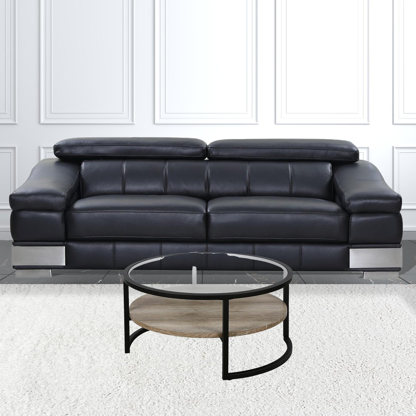 34" Black Glass Round Coffee Table With Shelf By Homeroots