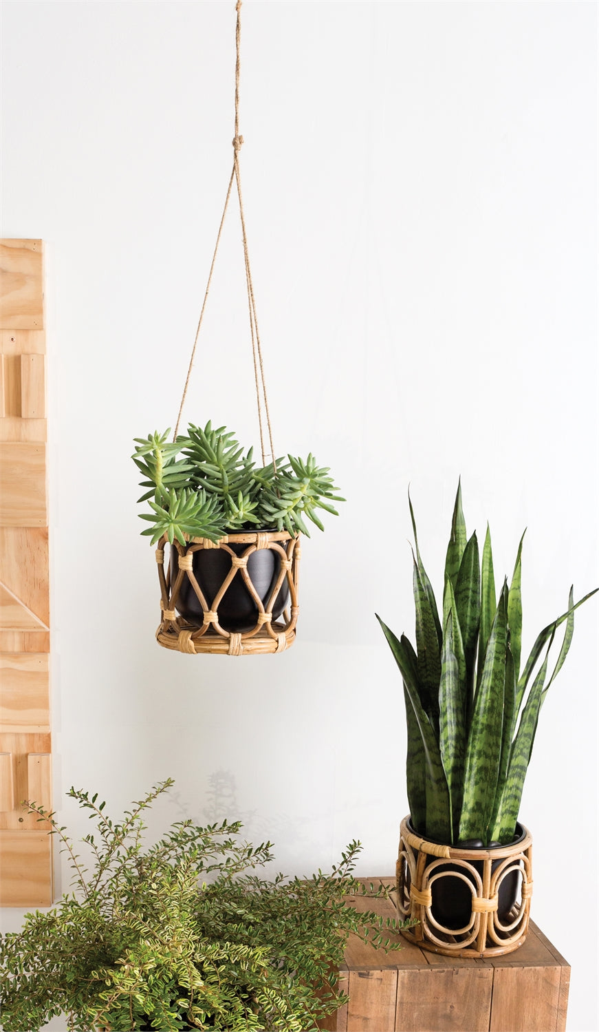 Boca Metal Hanging Pot in Rattan Basket -Set Of 2 By Accent Decor | Planters, Troughs & Cachepots | Modishstore - 2
