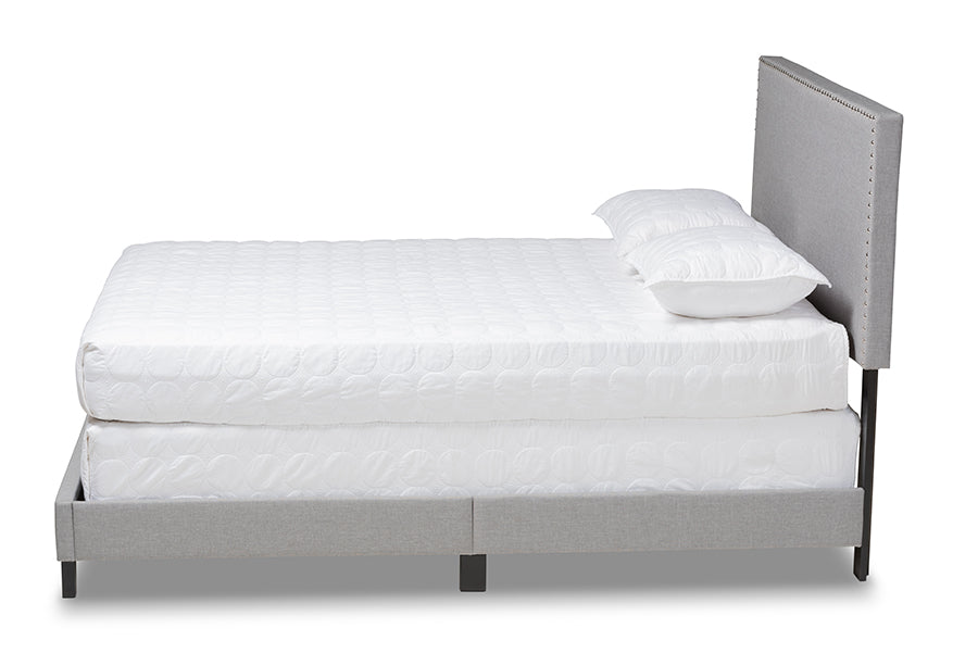 baxton studio ramon modern and contemporary grey linen fabric upholstered full size panel bed with nailhead trim | Modish Furniture Store-3