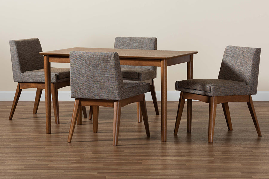 Baxton Studio Nexus Mid-Century Modern Gravel Fabric Upholstered and Walnut Brown Finished Wood 5-Piece Dining Set | Dining Sets | Modishstore - 3