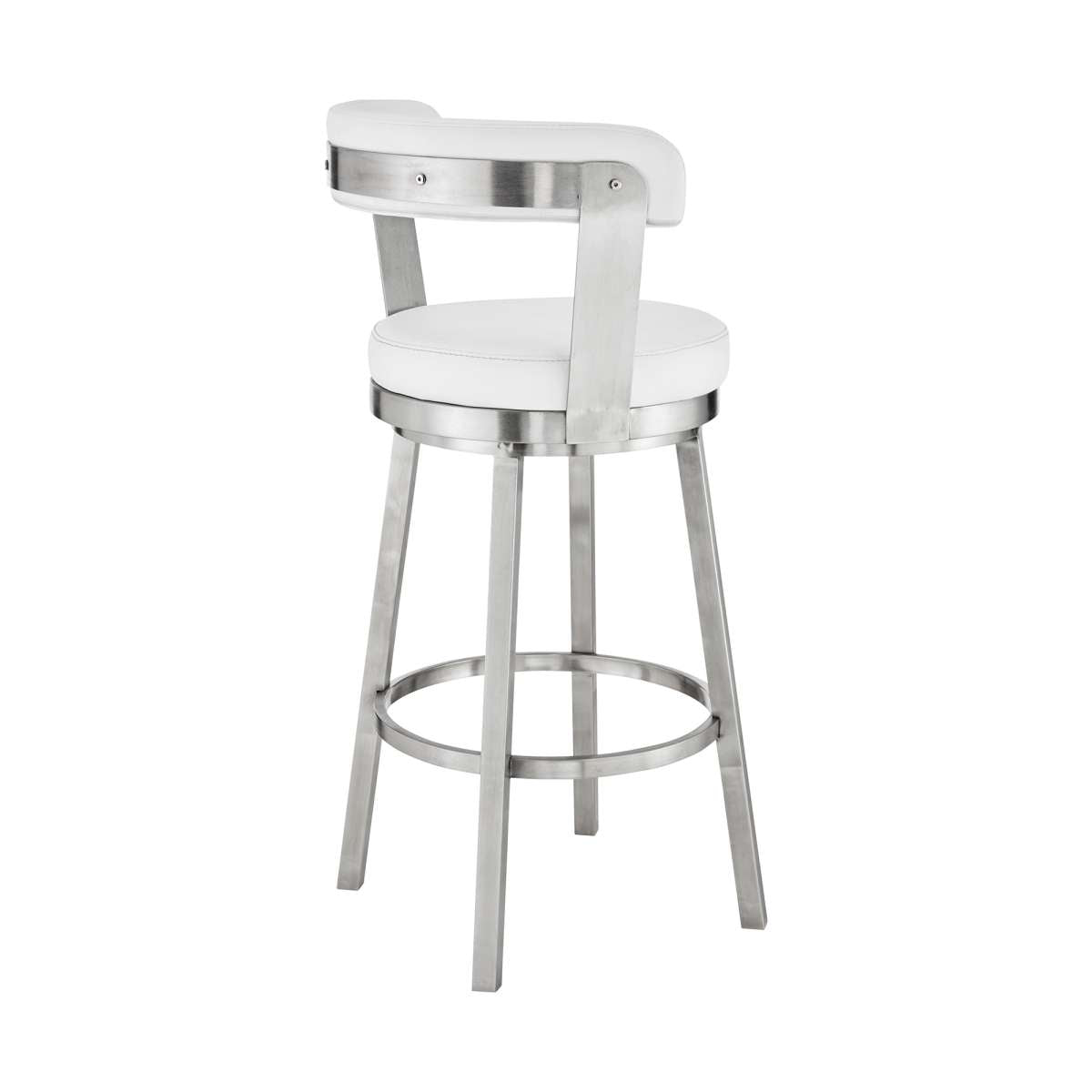 Kobe 30" Bar Height Swivel Bar Stool in Brushed Stainless Steel Finish and White Faux Leather By Armen Living | Bar Stools | Modishstore - 8
