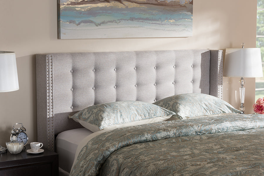 Baxton Studio Ginaro Modern And Contemporary Greyish Beige Fabric Button-Tufted Nail head King Size Winged Headboard | Modishstore | Headboards