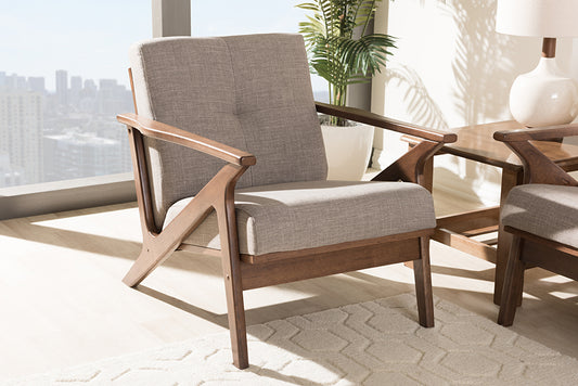 Baxton Studio Bianca Mid-Century Modern Walnut Wood Light Grey Fabric Tufted Lounge Chair | Modishstore | Lounge Chairs